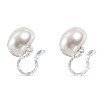 A pair of barbell-style earrings featuring large, lustrous white pearls on clip hooks, shown against a plain white background.