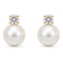 A pair of gold and pearl drop earrings with clear gemstones, shown on a plain white background.