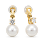 A pair of gold and pearl drop earrings with clear gemstones, shown on a plain white background.