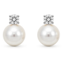 A pair of silver-toned drop earrings featuring a large white pearl and a round clear gemstone, shown on a white background.
