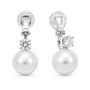 A pair of silver-toned drop earrings featuring a large white pearl and a round clear gemstone, shown on a white background.
