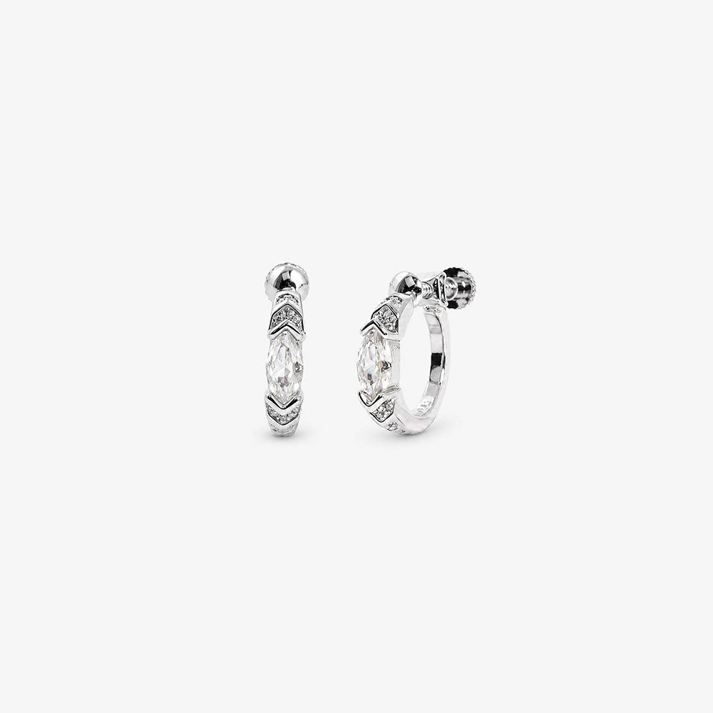 Pair of White Zircon Silver Clip-On Hoop Earrings with Screw Back Closure displayed on a white background.