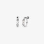 Pair of White Zircon Silver Clip-On Hoop Earrings with Screw Back Closure displayed on a white background.