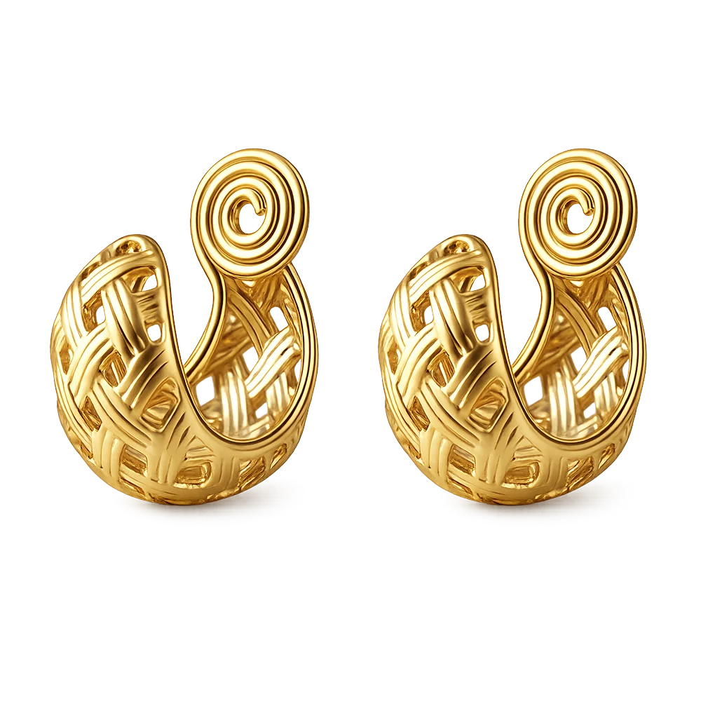 A pair of gold-toned clip on earrings with an intricate openwork woven pattern, shown on a plain white background.