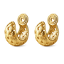 A pair of gold-toned clip on earrings with an intricate openwork woven pattern, shown on a plain white background.