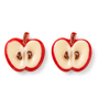 A pair of red and cream apple-shaped stud earrings with brown seeds, shown on a clean white background.