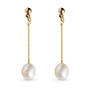 Pair of gold chain drop clip-on earrings, each ending in a white baroque freshwater pearl