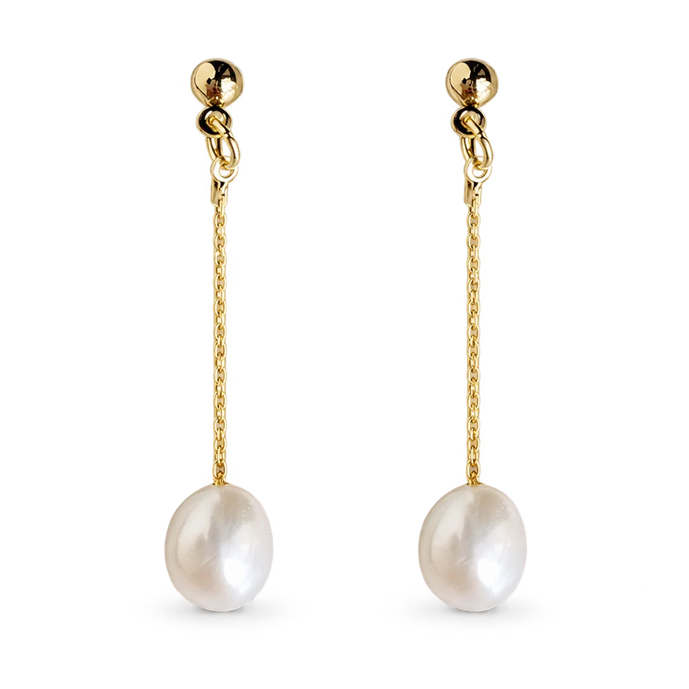 Pair of gold chain drop clip-on earrings, each ending in a white baroque freshwater pearl
