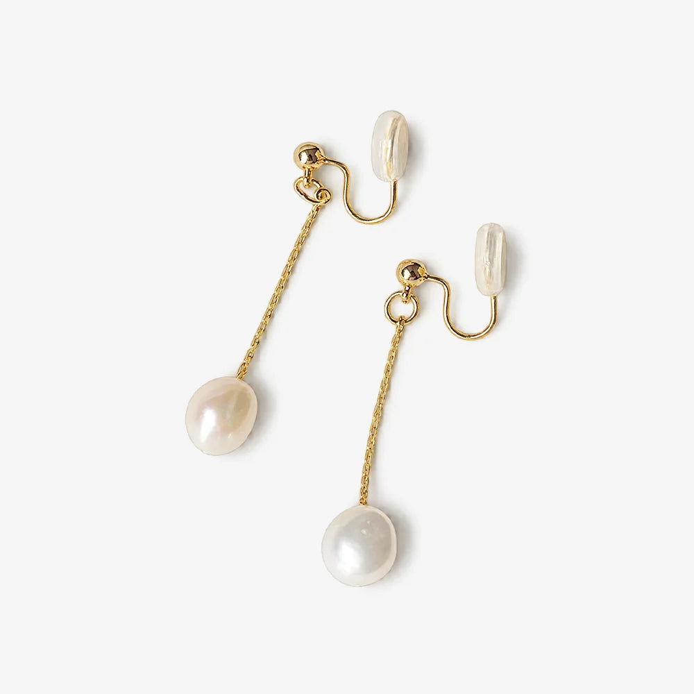 Baroque pearl chain drop clip-on earrings showing the gold U-Type clip and clear resin pads