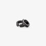 Black clip on huggie hoop earrings showing the open hinged closure