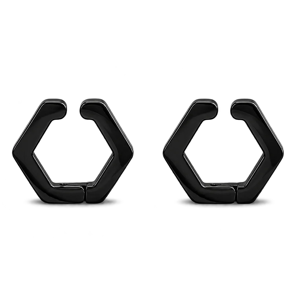 A pair of glossy black hexagonal hoop earrings shown side by side on a plain white background.