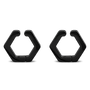 A pair of glossy black hexagonal hoop earrings shown side by side on a plain white background.