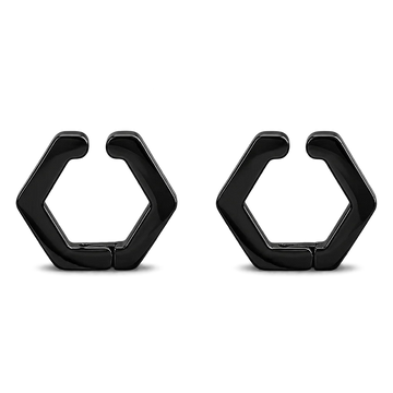 A pair of glossy black hexagonal hoop earrings shown side by side on a plain white background.