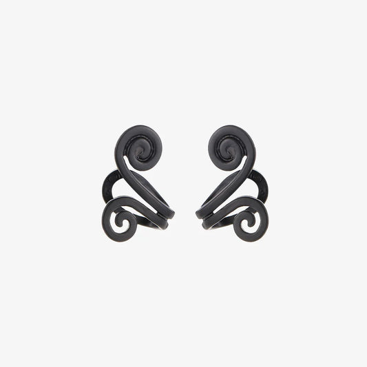 A pair of black spiral helix tragus cuffs, showcasing their unique double-spiral design, isolated on a white background.