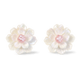 A pair of flower-shaped stud magnetic earrings made from iridescent white mother-of-pearl petals with a soft pink center, shown on a clean white background.