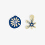 Blue Flower Mismatched Clip-On Earrings front view on white background showing navy and cream floral design