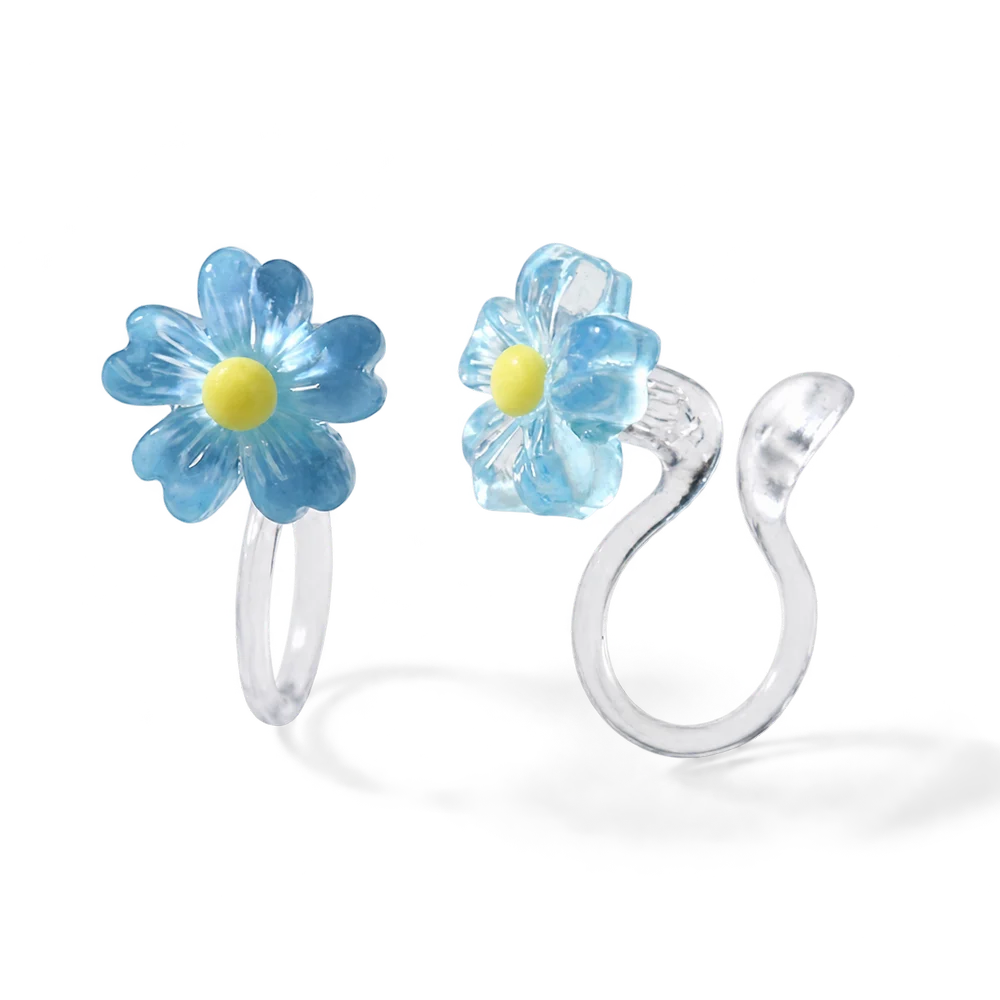 Close-up of the translucent blue resin petals and the clear stud clip-on mechanism for non-pierced ears.