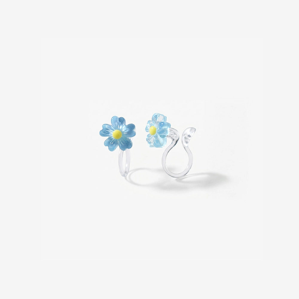 Close-up of the translucent blue resin petals and the clear stud clip-on mechanism for non-pierced ears.