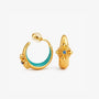 Front view of 16k gold finished cross motif clip on hoops with turquoise enamel lining and a central stone.