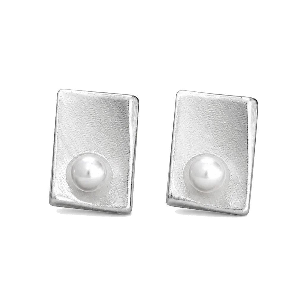 Pair of brushed silver-tone rectangle clip-on stud earrings, each set with a white shell pearl
