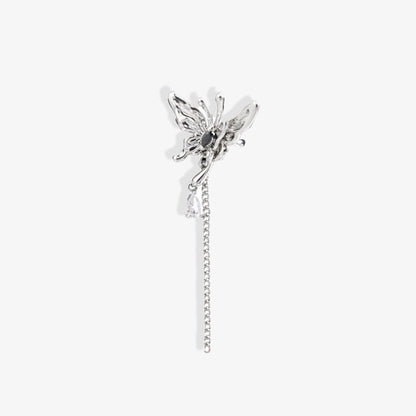 Close-up of the Butterfly and Crystal Cascade Ear Cuff showcasing intricate butterfly design with black and white zircon stones and delicate chain details.