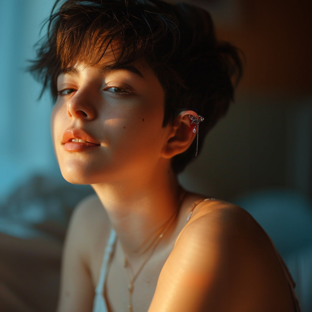 Model wearing the Butterfly and Crystal Cascade Ear Cuff, highlighting the elegant design and secure fit on the conch of the ear.