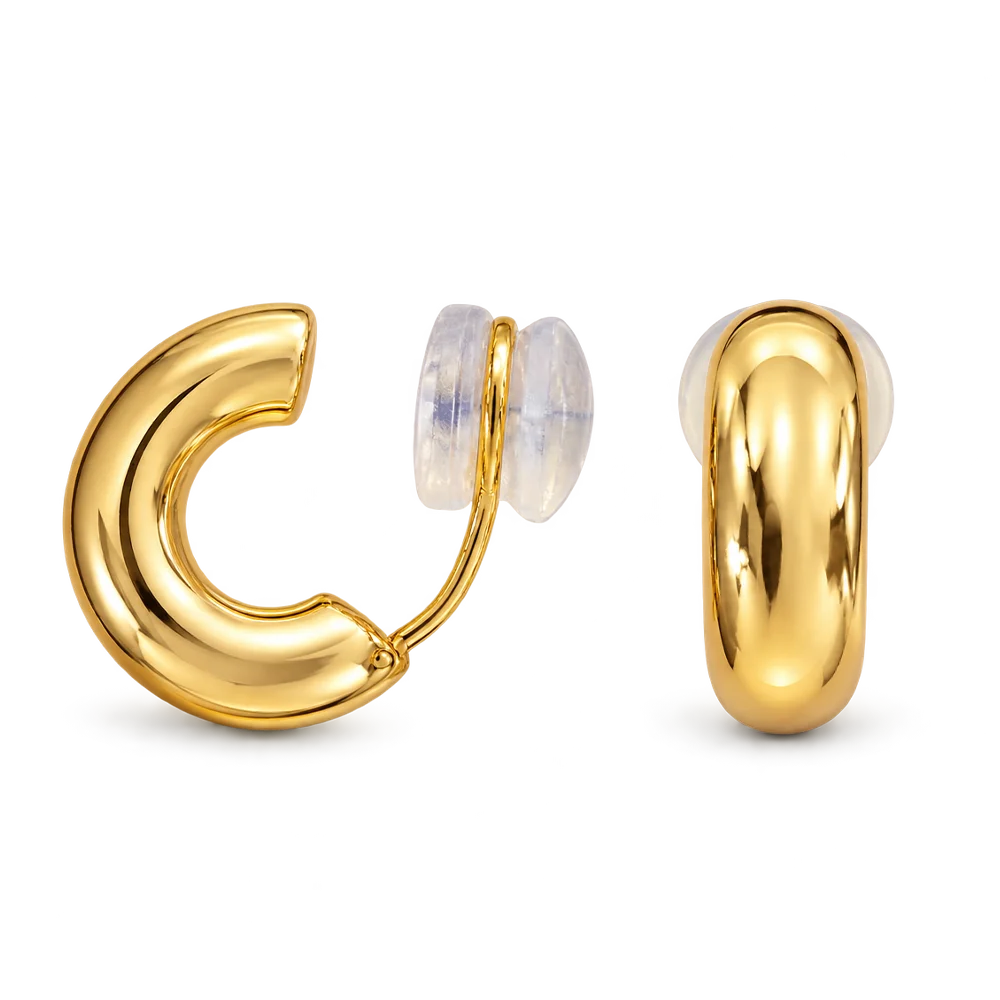 A pair of polished gold huggie hoop earrings with smooth, rounded curves, shown on a clean white background.