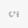Pair of chunky silver clip on huggie hoop earrings shown from the front