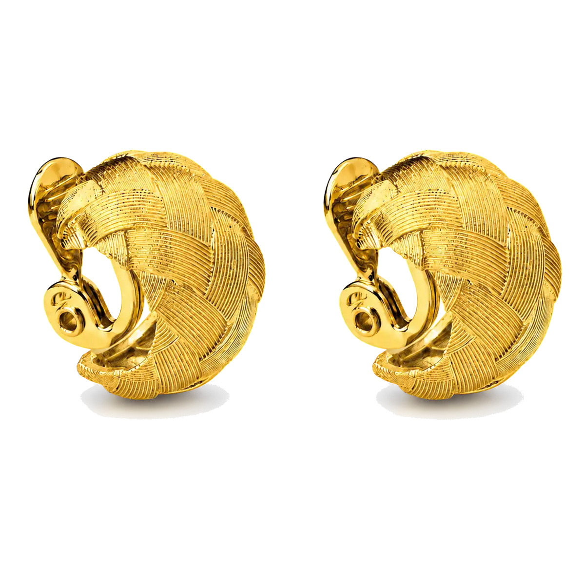 Pair of chunky gold dome hoop clip-on earrings with a woven basket weave texture