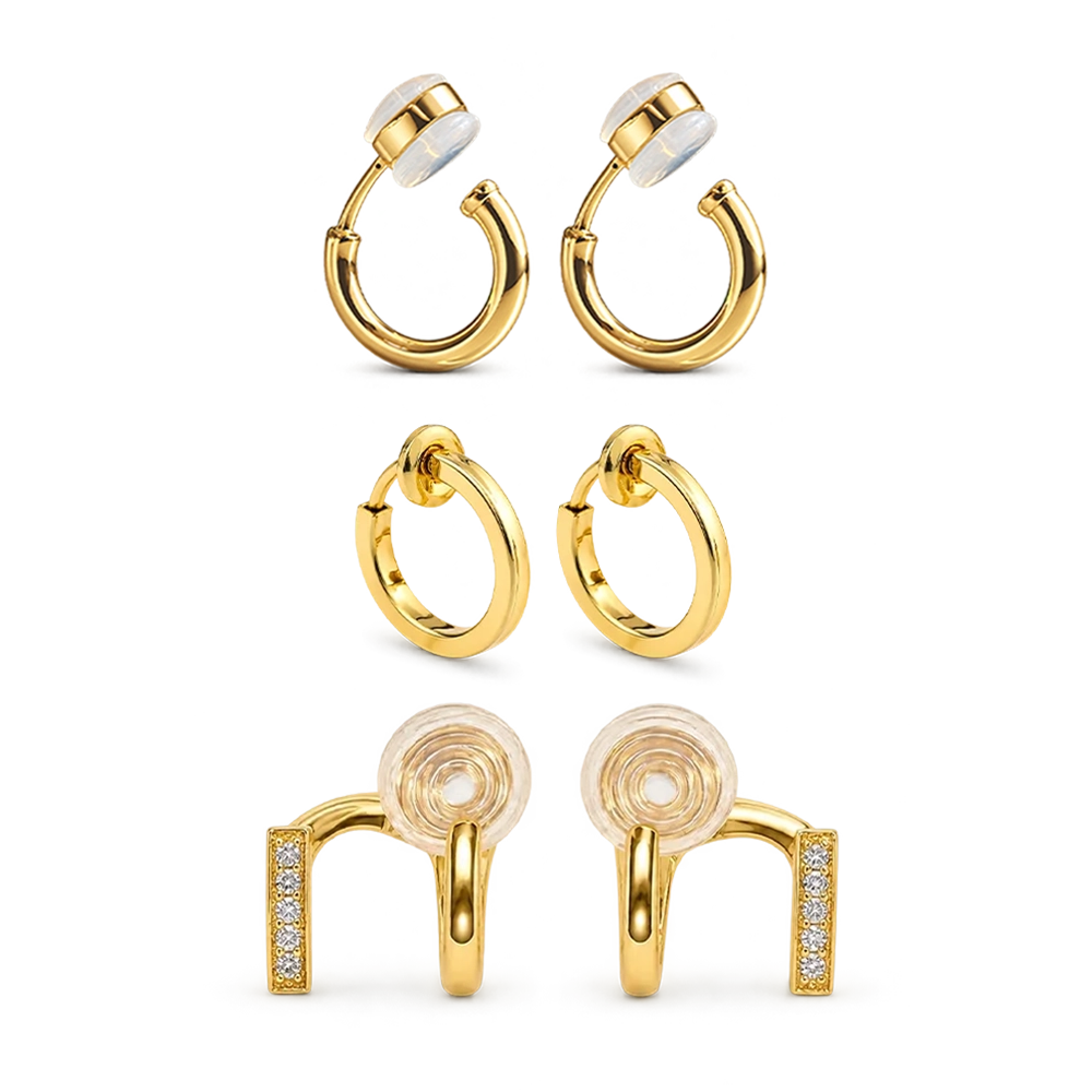 Set of 3 pairs of gold clip-on hoop earrings on a white background.