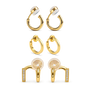 Set of 3 pairs of gold clip-on hoop earrings on a white background.