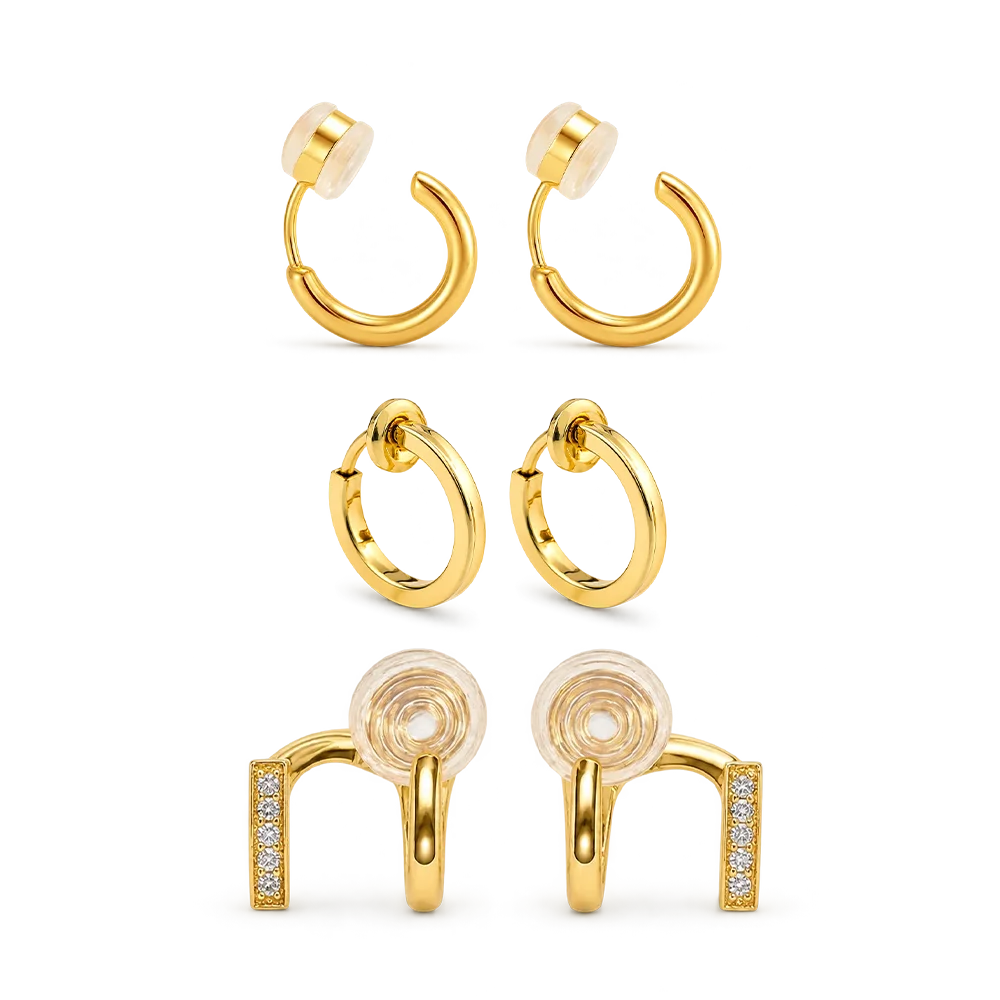 Set of 3 pairs of gold clip-on hoop earrings on a white background.
