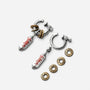 A pair of silver-toned hoop earrings with dangling spear-shaped charms engraved with red script, displayed alongside four gold-toned ring studs on a light gray background.