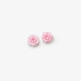 A pair of light pink rose stud earrings on a clean, solid off-white background.