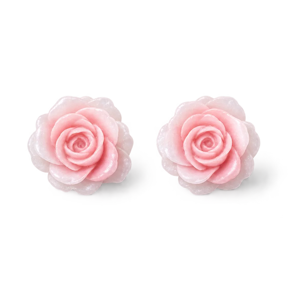 A pair of light pink rose-shaped magnetic stud earrings with a smooth, polished finish, displayed on a clean white background.