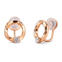 A pair of rose gold hoop earrings with a small round-cut clear gemstone at the base of each hoop and translucent silicone ear cushions, shown on a plain white background.