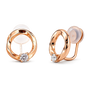A pair of rose gold hoop earrings with a small round-cut clear gemstone at the base of each hoop and translucent silicone ear cushions, shown on a plain white background.