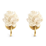 A pair of dainty white flower clip-on earrings with gold-tone mosquito coil backs, shown isolated on a white background.