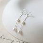 Double freshwater pearl clip-on earrings with clear resin pads displayed on a white stand