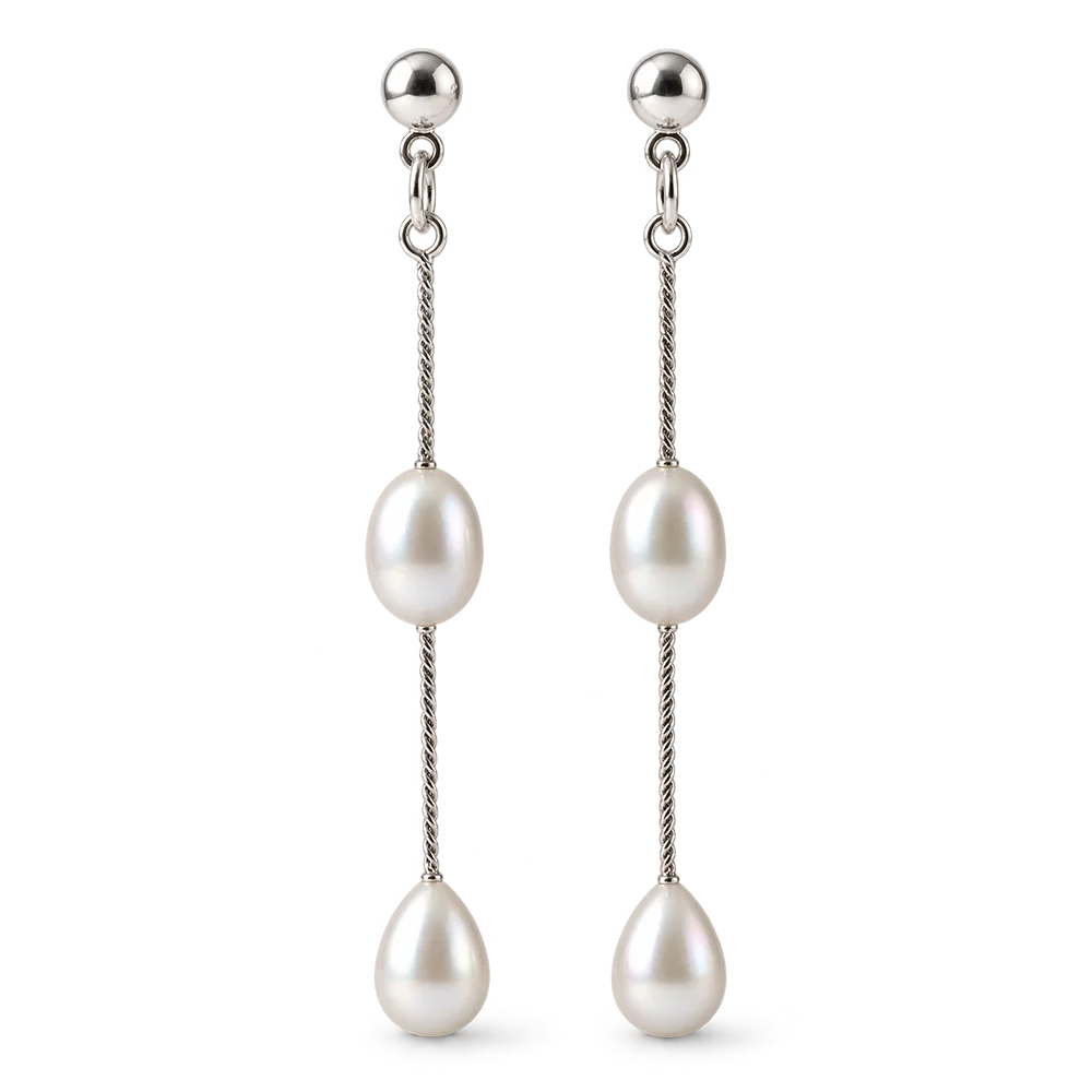 Pair of bridal pearl clip-on earrings with two baroque freshwater pearls on silver-tone twisted chains