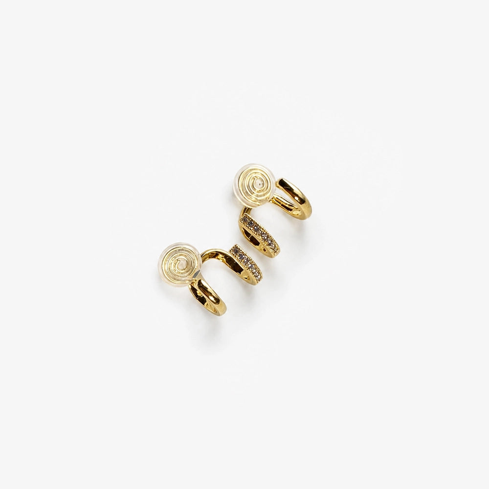 Double Hoop Clip-On Earrings in Gold displayed at angle showing pavé detail