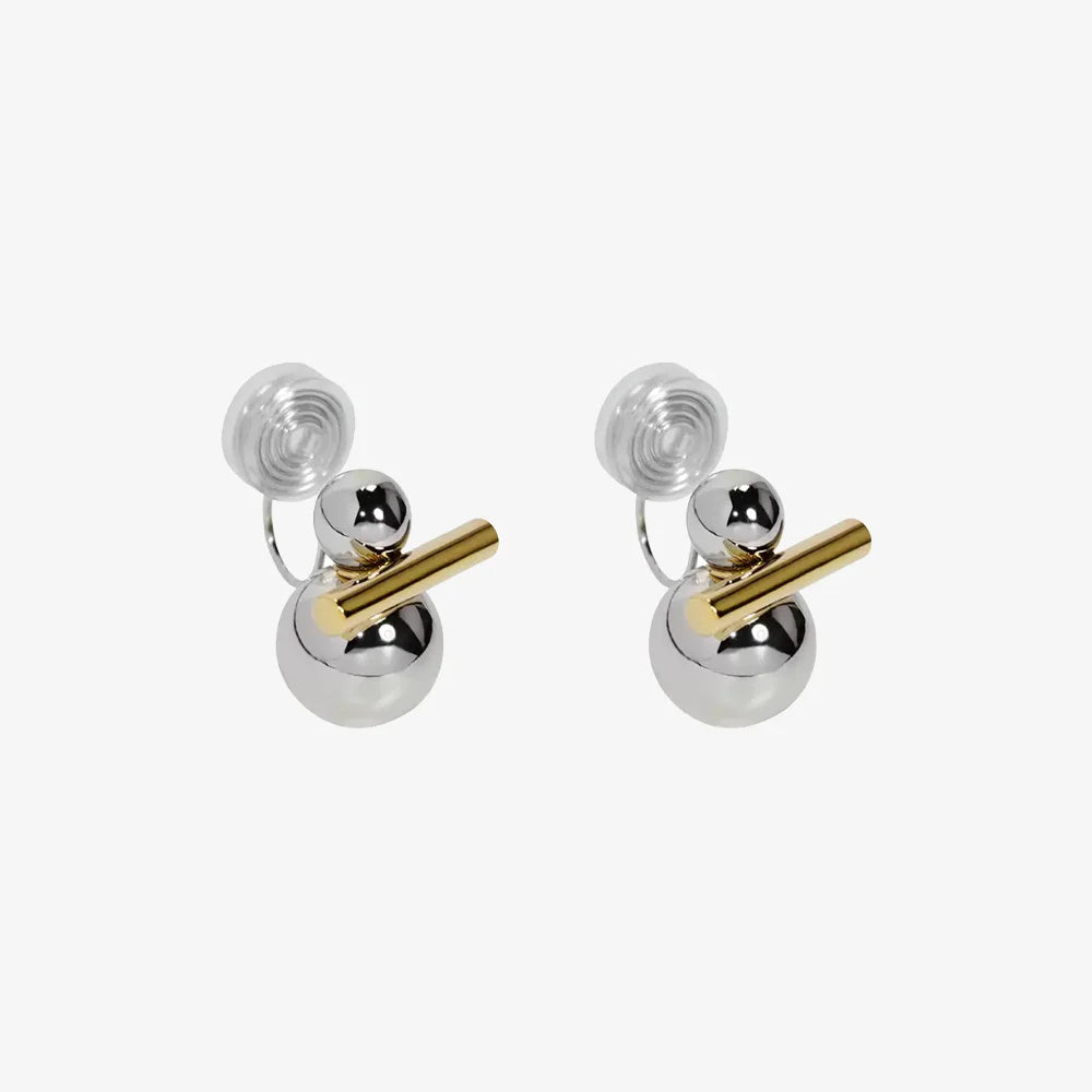 Dual-Tone Sphere and Bar Clip-On Earrings — silver sphere and gold bar design, front view