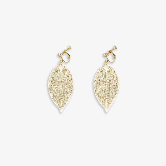 Gold-toned leaf dangle clip-on earrings made from copper alloy with intricate vein details. Modern design with screw-back clip-on closure, perfect for adding a touch of nature-inspired elegance to any outfit.