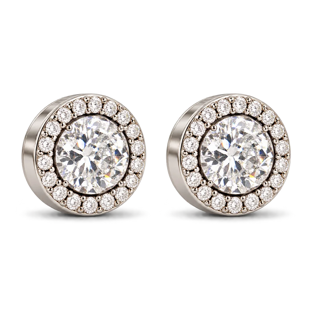 A pair of round stud earrings featuring textured white zircons centers surrounded by a halo of small clear stones in a silver-toned setting, shown on a plain white background.