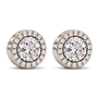 A pair of round stud earrings featuring textured white zircons centers surrounded by a halo of small clear stones in a silver-toned setting, shown on a plain white background.