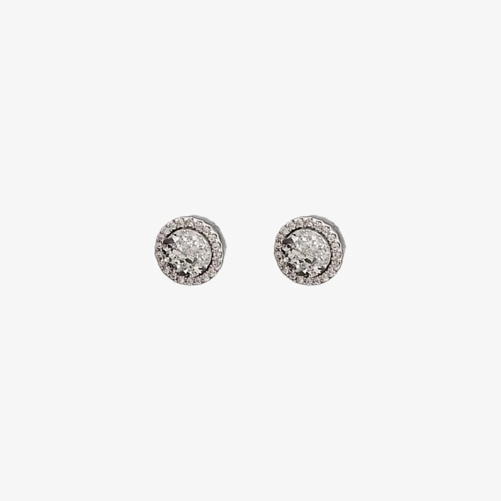 A pair of Frost White Crystal Shine magnetic stud earrings, showcasing their sparkling white cubic zirconia, isolated on a white background.