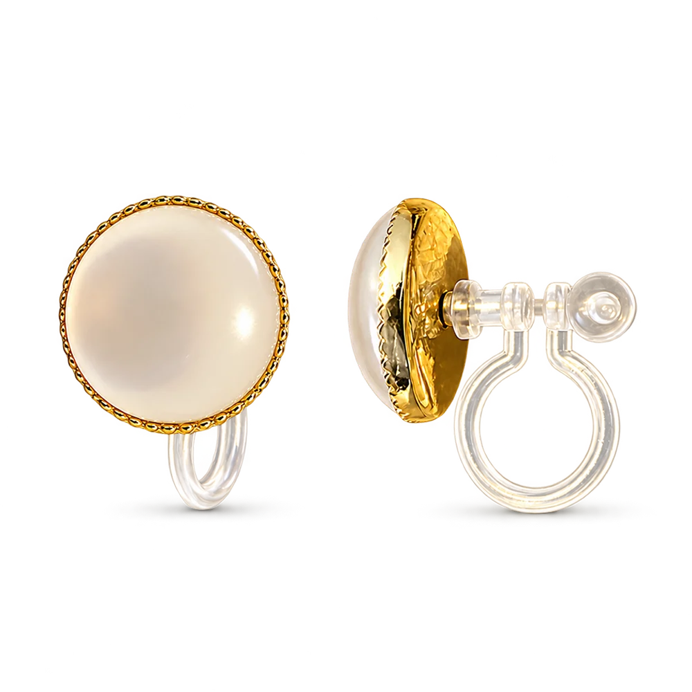 A pair of no-piercing Frosted Moonstone invisible clip-on stud earrings, with their luminous white stones, isolated on a white background.