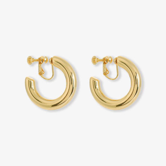 Showcase of the gold-plated finish on the Classic Hoop Clip On Earrings.