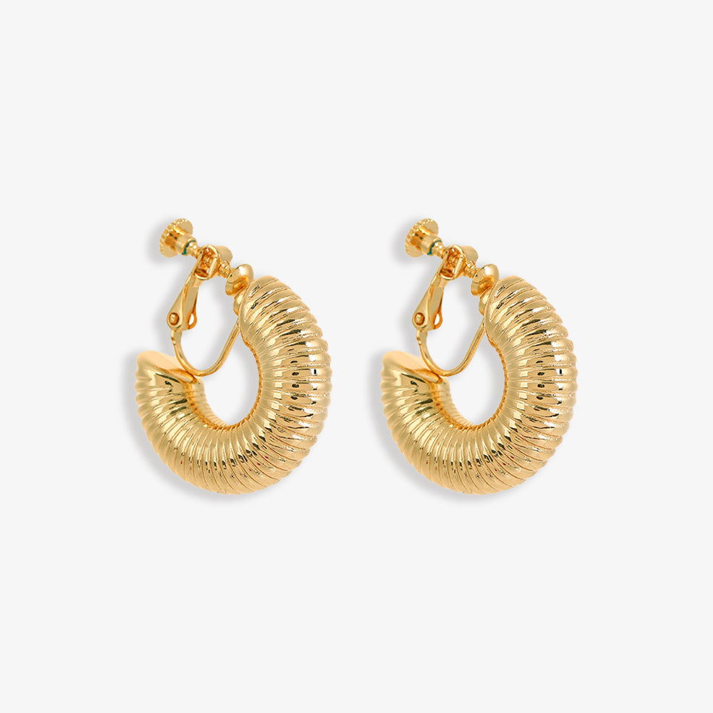 Chic gold-finished helix hoop clip-on earrings with a modern design twist. The screw-back clip-on closure provides secure wear for a sophisticated, non-pierced look.