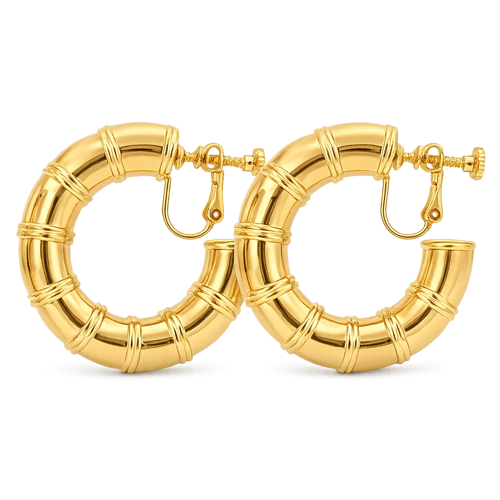 A pair of gold hoop earrings designed to look like bamboo stalks, featuring textured bands and secure screw-back post closures, shown on a plain white background.